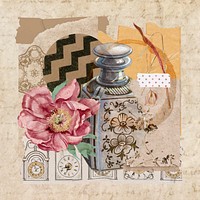 Vintage aesthetic ephemera collage, mixed media background featuring perfume bottle and flower vector