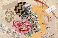 Vintage aesthetic ephemera collage, mixed media background featuring perfume bottle and flower vector