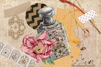 Vintage aesthetic ephemera collage, mixed media background featuring perfume bottle and flower psd