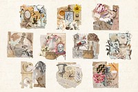 Vintage aesthetic ephemera collage, mixed media scrapbook artwork psd set