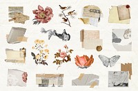 Vintage aesthetic ephemera collage, mixed media scrapbook artwork psd set