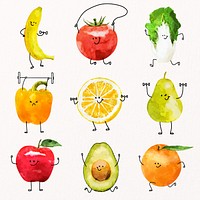 Cute smiling fruit vegetable cartoons clipart illustration collection psd