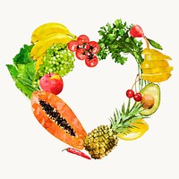 Watercolor heart frame, superfood with fruits and vegetables vector