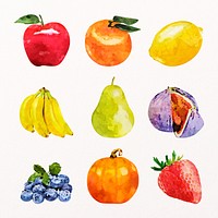 Aesthetic fruits sticker, watercolor food psd set