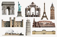 Historical tourist attractions clipart, architecture set psd