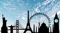 Blue sky computer wallpaper, famous landmarks silhouette psd