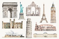 World's historical landmarks watercolor illustration set vector