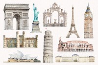 World's historical landmarks watercolor illustration set psd