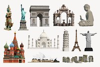 World's famous landmarks sticker, architecture vectorize illustration set psd