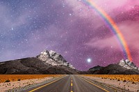 Aesthetic canyon road background, surreal pink starry sky remix