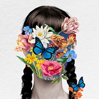 Flower woman portrait collage art, surreal escapism vector