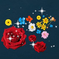 Colorful flowers collage element, glitter aesthetic vector