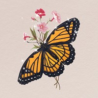 Floral Monarch butterfly clipart, aesthetic insect illustration psd