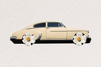 Classic car clipart, surreal flower tires, vehicle digital art remix