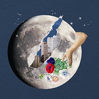 Vintage collage moon clipart, surreal city remixed media
