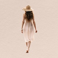 Woman wearing sunhat cut out, summer fashion, rear view psd