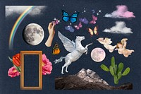 Fantasy aesthetic collage element, magical creatures and nature set psd