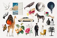 Exotic animals sticker, aesthetic surreal art set psd