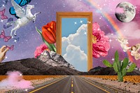 Magical road background, aesthetic surreal escapism collage digital art