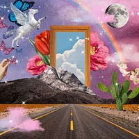 Magical road background, aesthetic surreal escapism collage digital art