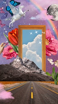 Magical road mobile wallpaper, aesthetic surreal escapism collage digital art