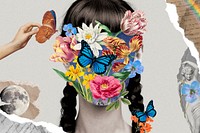 Abstract floral woman portrait background, surrealism collage art psd