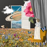 Magical realism background, surreal escapism collage art psd