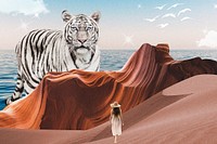 Antelope canyon background, surreal art with tiger, travel remixed media