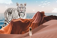 Antelope canyon background, surreal art with tiger, travel remixed media psd