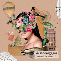 Surreal woman collage template, floral aesthetic design psd