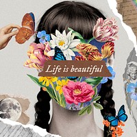 Surreal floral portrait template, woman aesthetic with quote vector