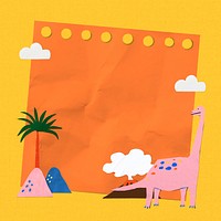 Paper craft dinosaur frame, orange crumpled note background vector