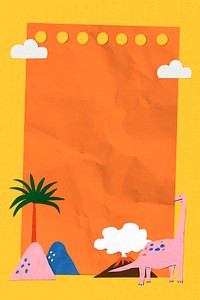 Crumpled orange note frame, paper craft pink dinosaur border vector