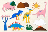 Paper craft dinosaur, nature collage element vector set