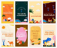 Motivational social media template, dinosaur paper craft design vector set