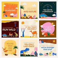 Paper craft social media template, dinosaur design, editable text psd set