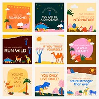 Dinosaur social media template, paper craft animal design vector set