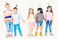 Kids wearing cone hat clipart, birthday party, watercolor illustration vector