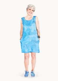 Senior woman, wearing blue dress, watercolor illustration vector