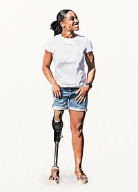 African-American amputee woman, prosthetic leg, watercolor illustration