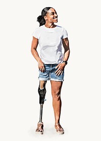 Cheerful amputee woman cut out, prosthetic leg, watercolor illustration vector