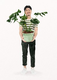 Asian man holding monstera plant, watercolor illustration  psd