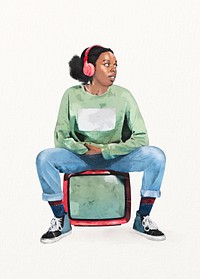 Black woman wearing headphones, watercolor illustration