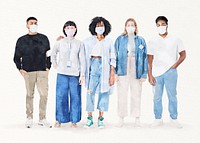 Diverse volunteers wearing mask, watercolor illustration 