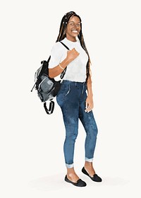 Young woman smiling with backpack, student fashion, watercolor illustration vector