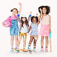 Diverse girls cheering, kids hobby, watercolor illustration psd