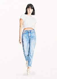 Confident woman, street fashion, watercolor full body illustration psd