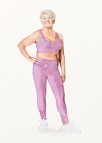 Healthy senior woman wearing gym clothes, watercolor illustration 