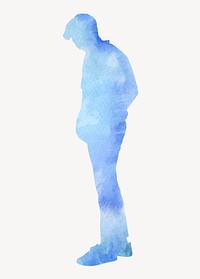 Man looking down, watercolor silhouette clipart in blue