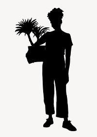 Woman holding plant silhouette clipart, hobby concept 